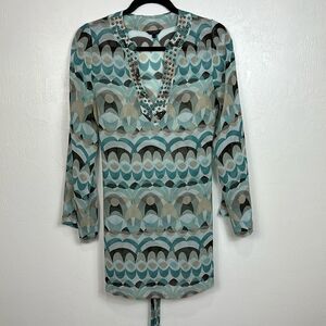 Ted Baker London Long Sleeve Tie Waist Geo Print Studded Tunic Cover Up Size S
